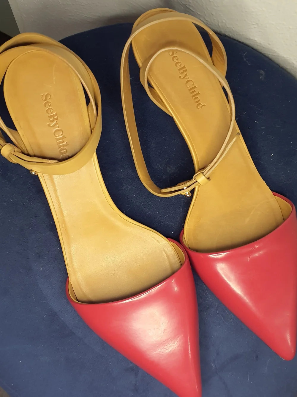 See By Chloe Two-Tone Red & Tan Pointed Toe Ankle-Strap Flats